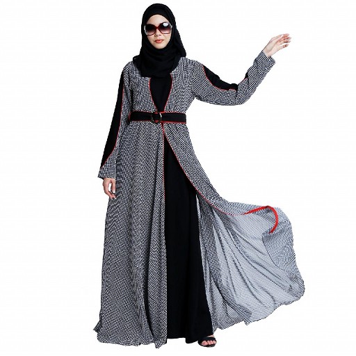 Double layered umbrella abaya-  Black-White